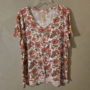 Philosophy Womens Pink Floral V Neck Short Sleeve Top XXL Pima Cotton Hi/Low Hem